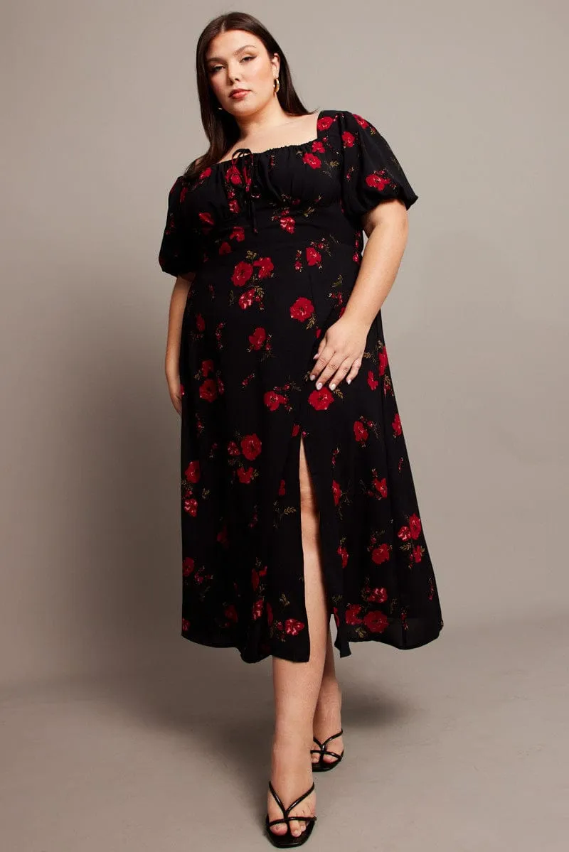 Black Ditsy Midi Dress Short Sleeve Ruched Bust Urban Ethnic