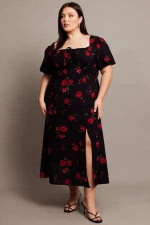 Wave Touch Stylish Comfort Black Ditsy Midi Dress Short Sleeve Ruched Bust