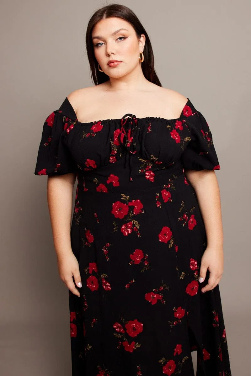 Fashionable Design Black Ditsy Midi Dress Short Sleeve Ruched Bust