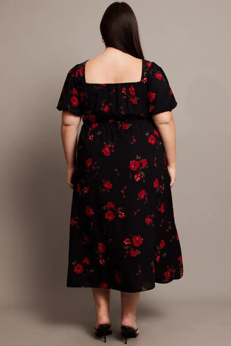 Feminine Design Weekend Ready Black Ditsy Midi Dress Short Sleeve Ruched Bust
