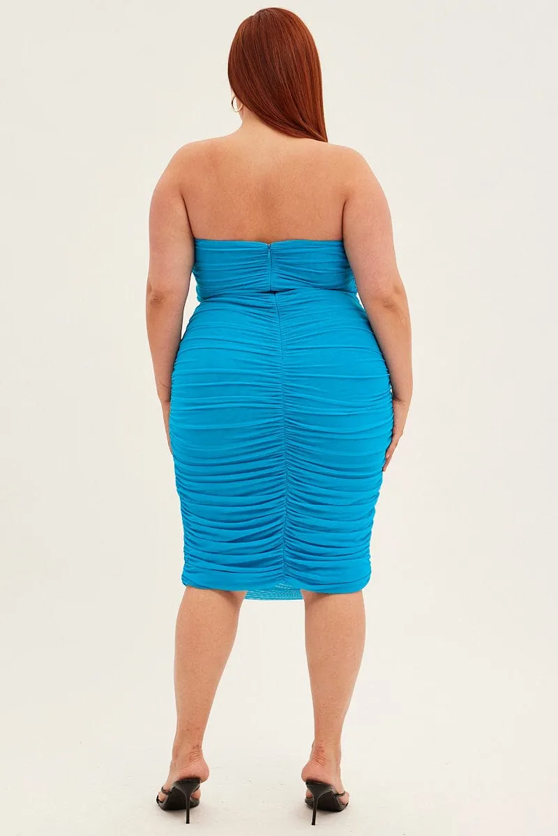 Blue Midi Dress Strapless Bodycon Mesh Ruched Side Wardrobe Staple Planet View