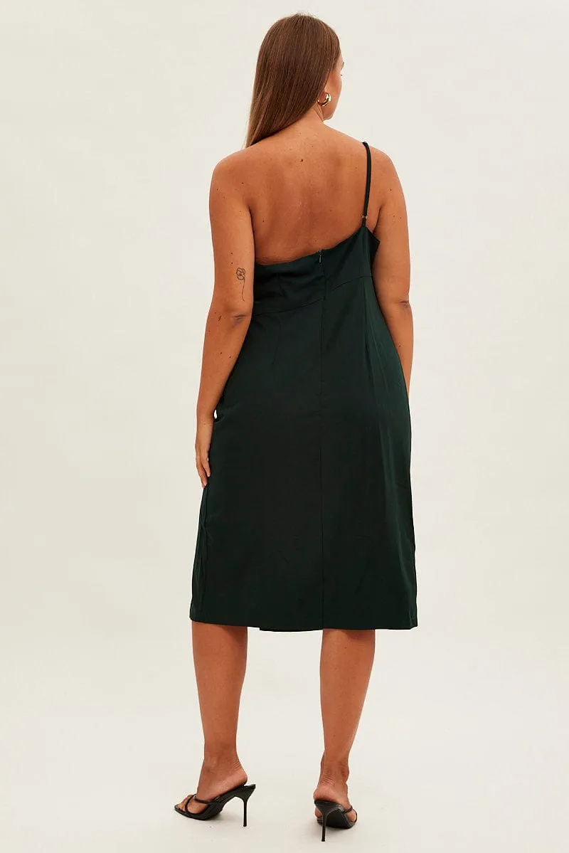 Green Midi Dress Asymmetrical Shoulder Grace Mood Retro Fan