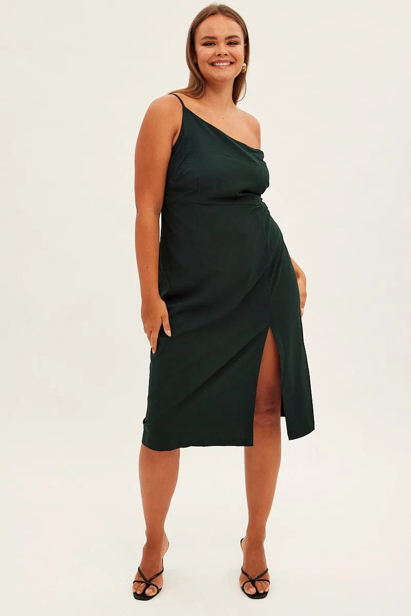 Petite Style Green Midi Dress Asymmetrical Shoulder