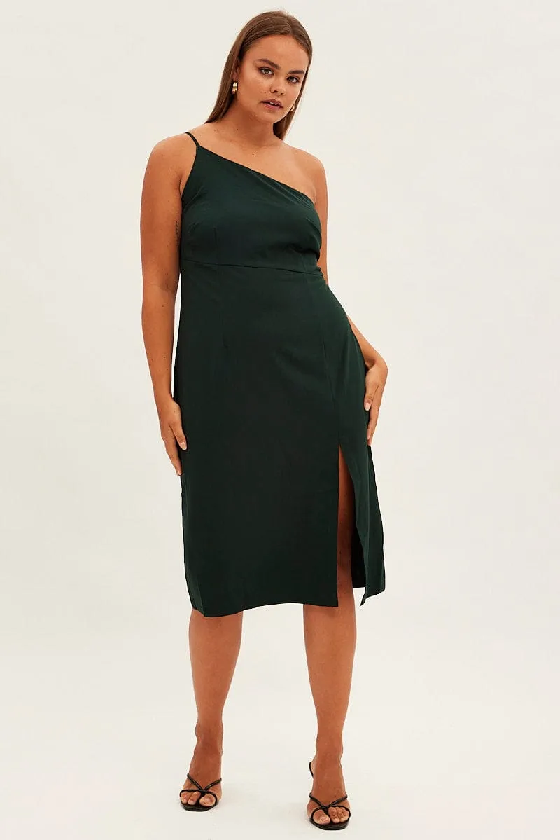 Green Midi Dress Asymmetrical Shoulder Lightweight and breezy gown Winter Snow