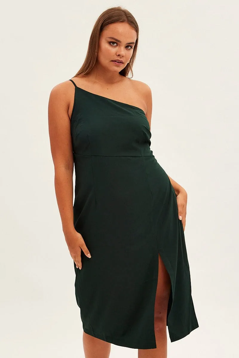 Green Midi Dress Asymmetrical Shoulder Dress for warm weather