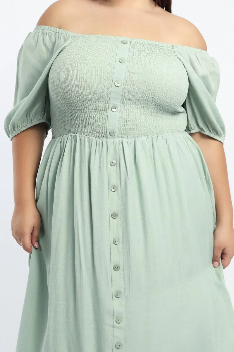 Green Midi Dress Short Sleeve Shirred Bust Fog Lane Comfy chic