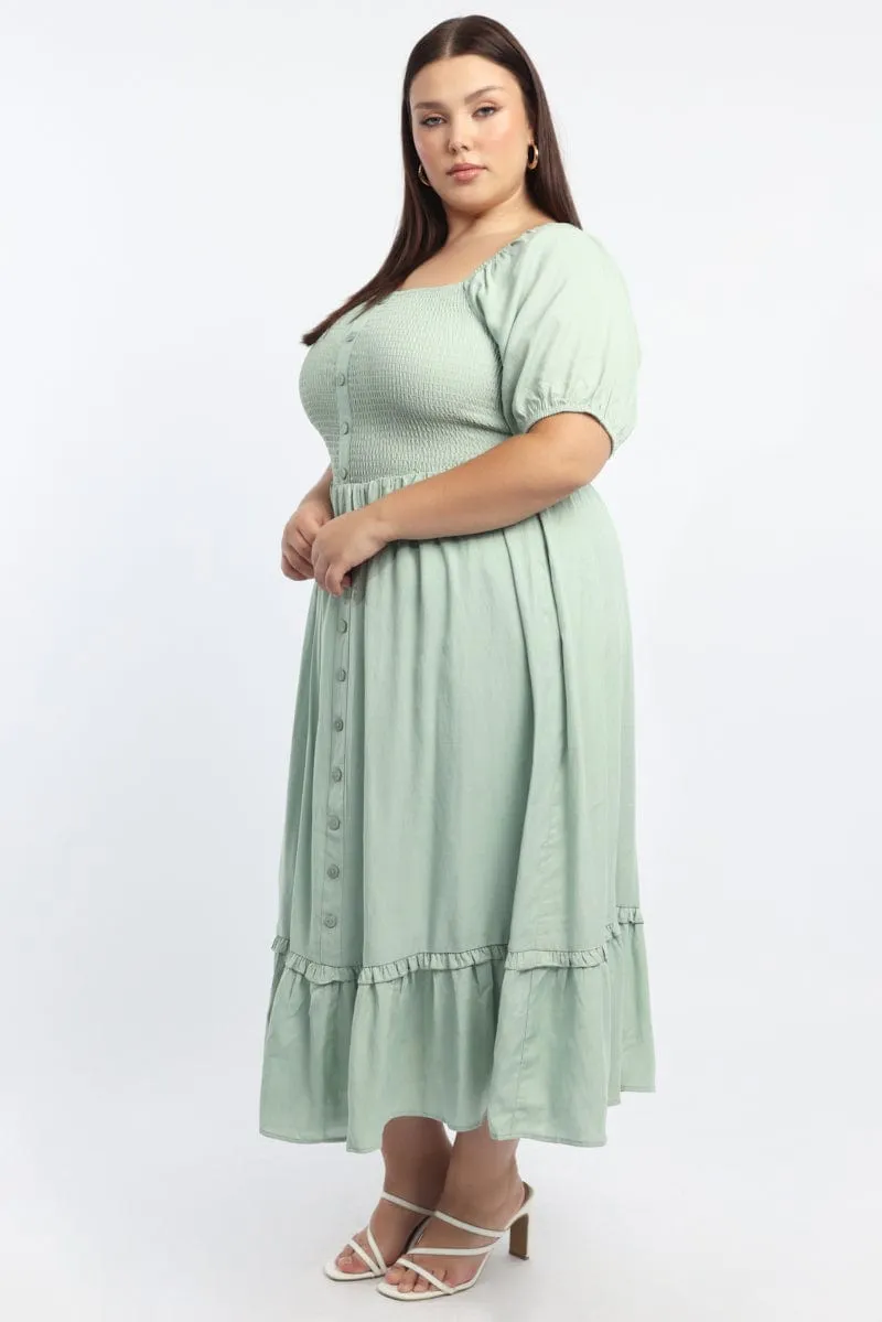 Green Midi Dress Short Sleeve Shirred Bust Season Flow
