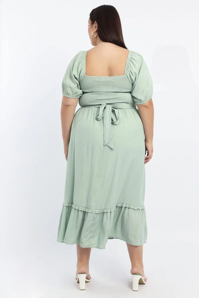 Coastal Path Green Midi Dress Short Sleeve Shirred Bust