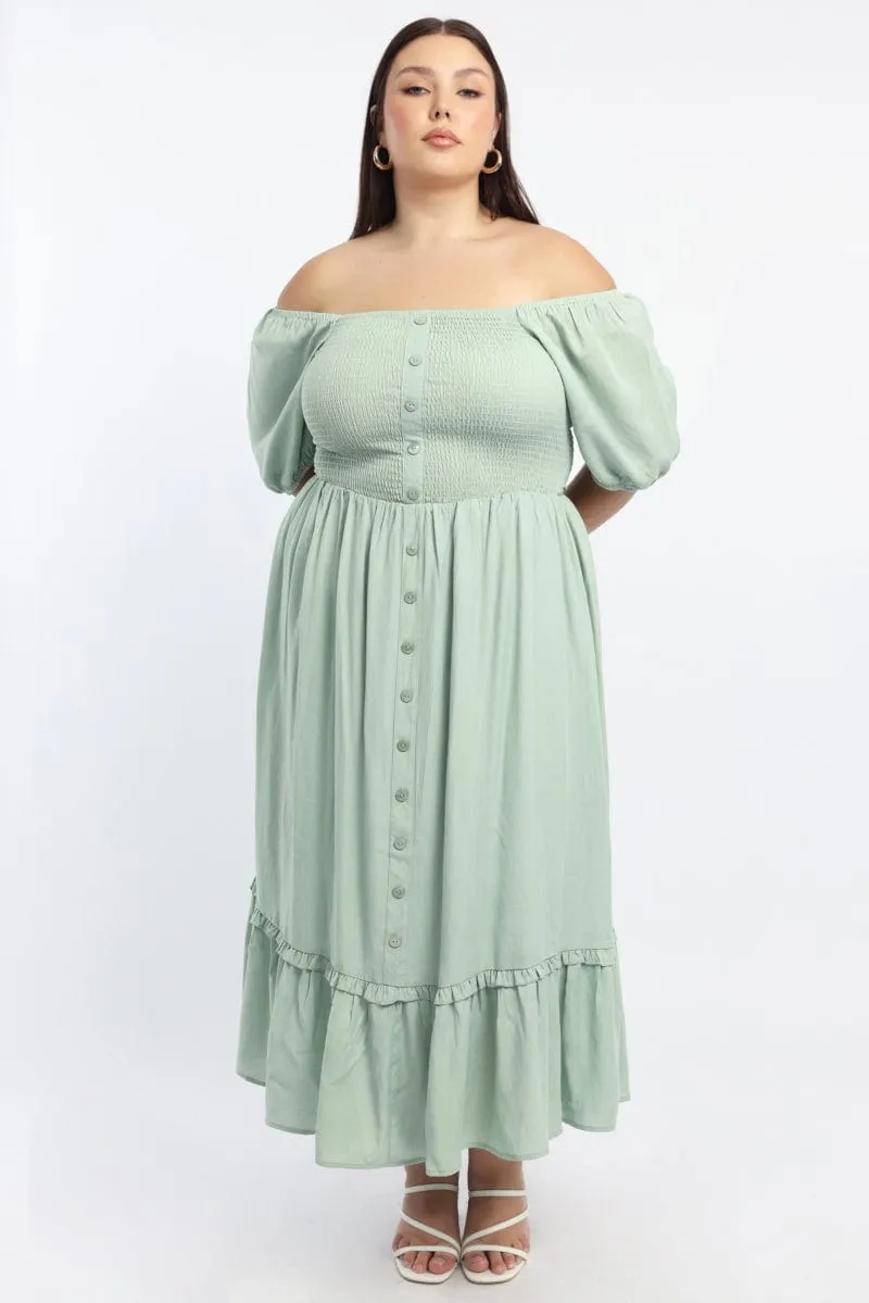 Contemporary Style Classy Look Green Midi Dress Short Sleeve Shirred Bust