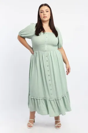 Green Midi Dress Short Sleeve Shirred Bust Casual weekend midi Practical travel midi