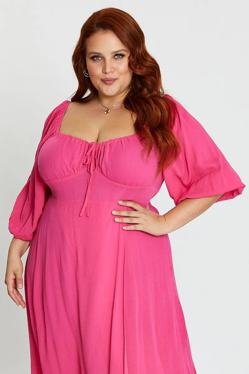 french chic Hot Pink Maxi Dress Scoop Neck Short Sleeve Front Split