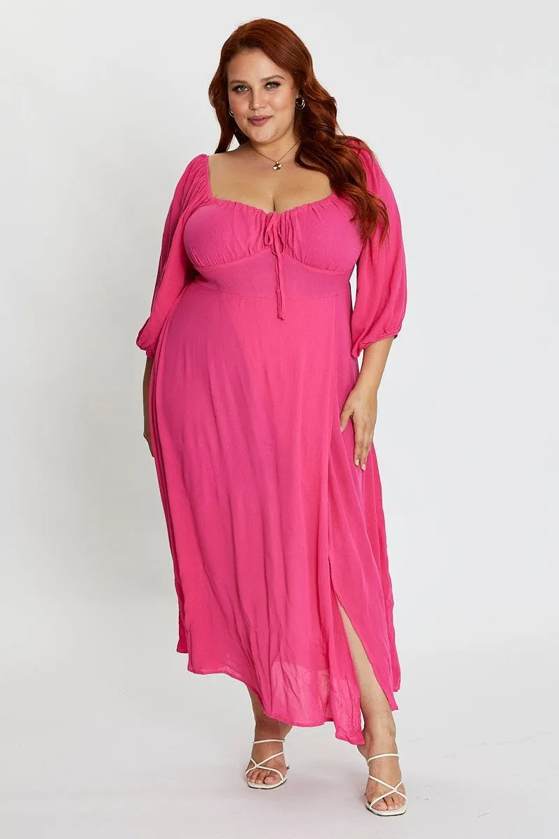 Hot Pink Maxi Dress Scoop Neck Short Sleeve Front Split rooftop party