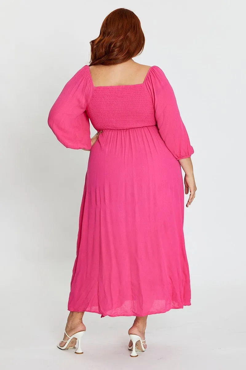 Hot Pink Maxi Dress Scoop Neck Short Sleeve Front Split Mesh Breeze Event Chic
