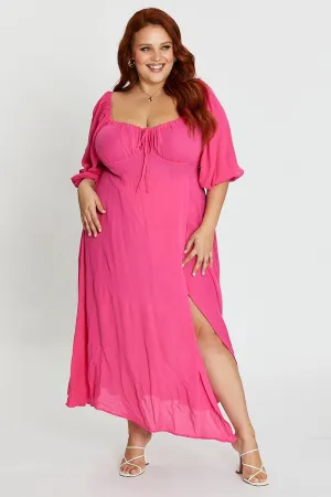 Hot Pink Maxi Dress Scoop Neck Short Sleeve Front Split Simple Comfort