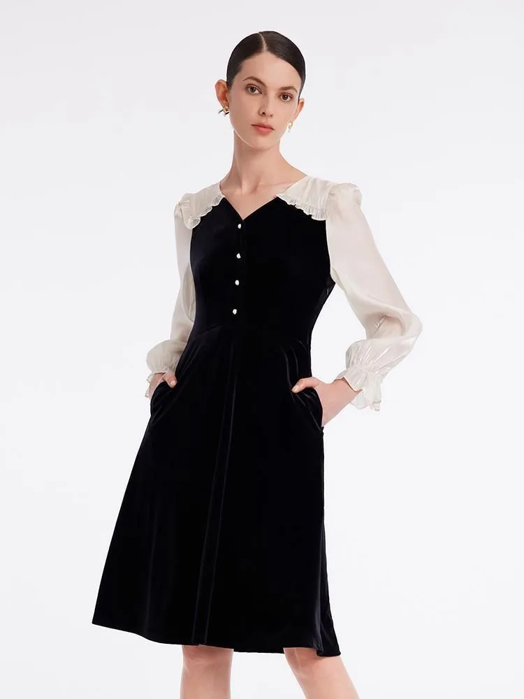 Velvet Patchwork Midi Collared Dress Wood Scent