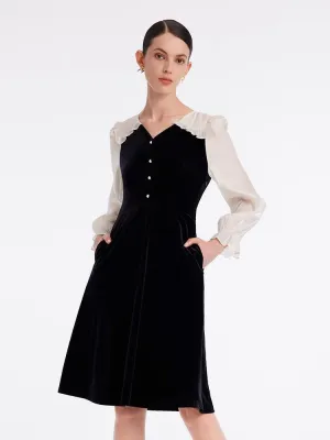 Autumn Stroll Velvet Patchwork Midi Collared Dress