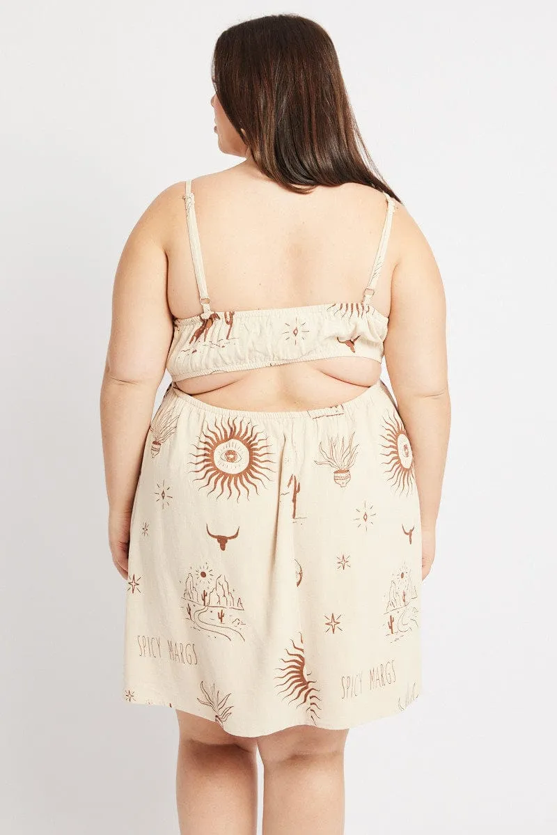 Playful evening dress Beige Abstract Cutout Detail Mini Dress