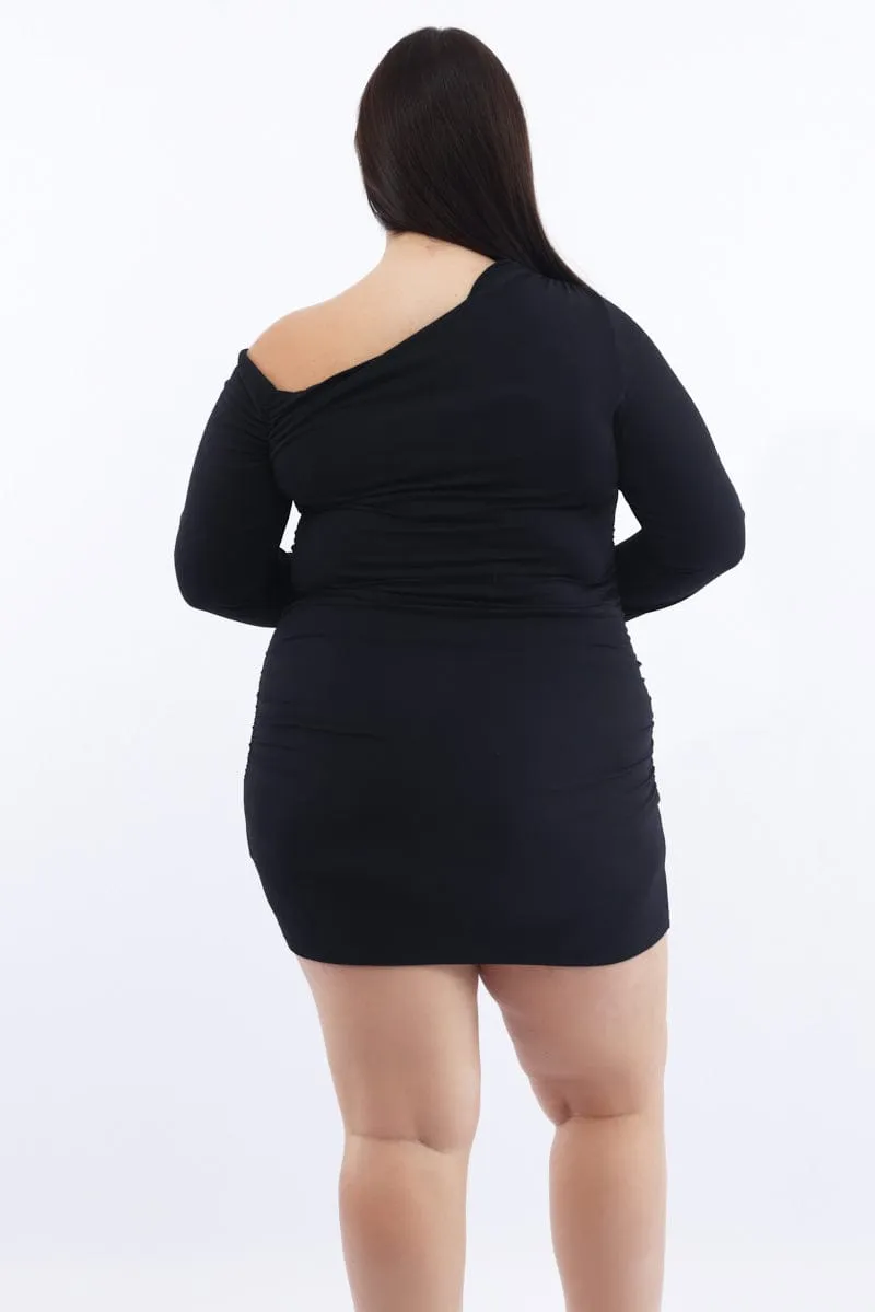 Black Asymmetric Long Sleeve Ruched Supersoft Mini Dress Tall Cut