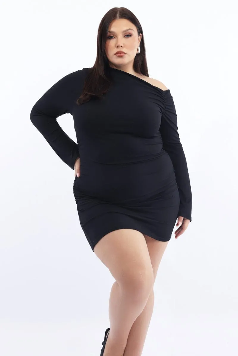 Skin Glow Sassy Pop Black Asymmetric Long Sleeve Ruched Supersoft Mini Dress