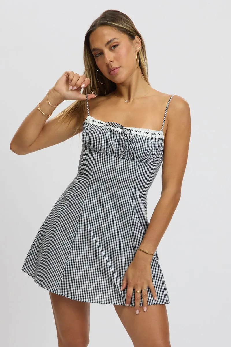 Black Check Mini Dress Strappy Built In Pockets