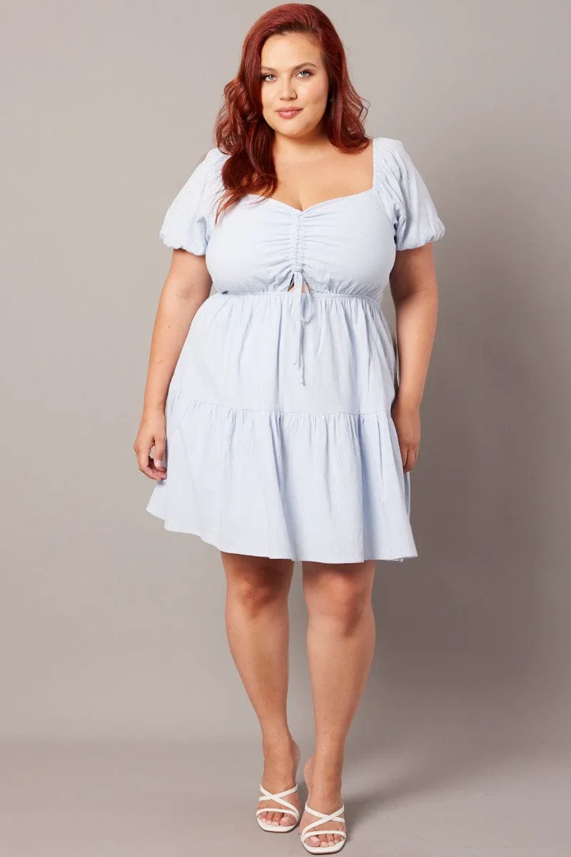 Street Look Boho Look Blue Drawstring Front Mini Dress