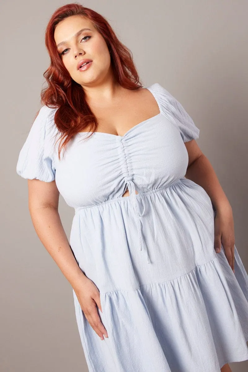 Blue Drawstring Front Mini Dress Scene Soft Trendy Silhouette
