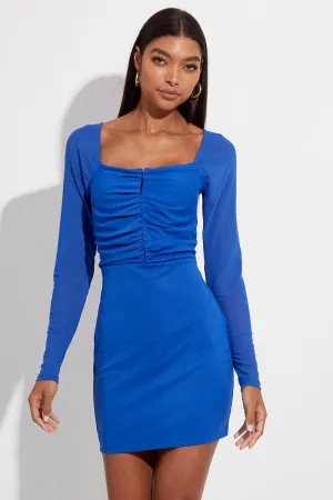 Summer Ready Look Blue Mini Dress Long Sleeve Hook & Eye Bodycon Mesh