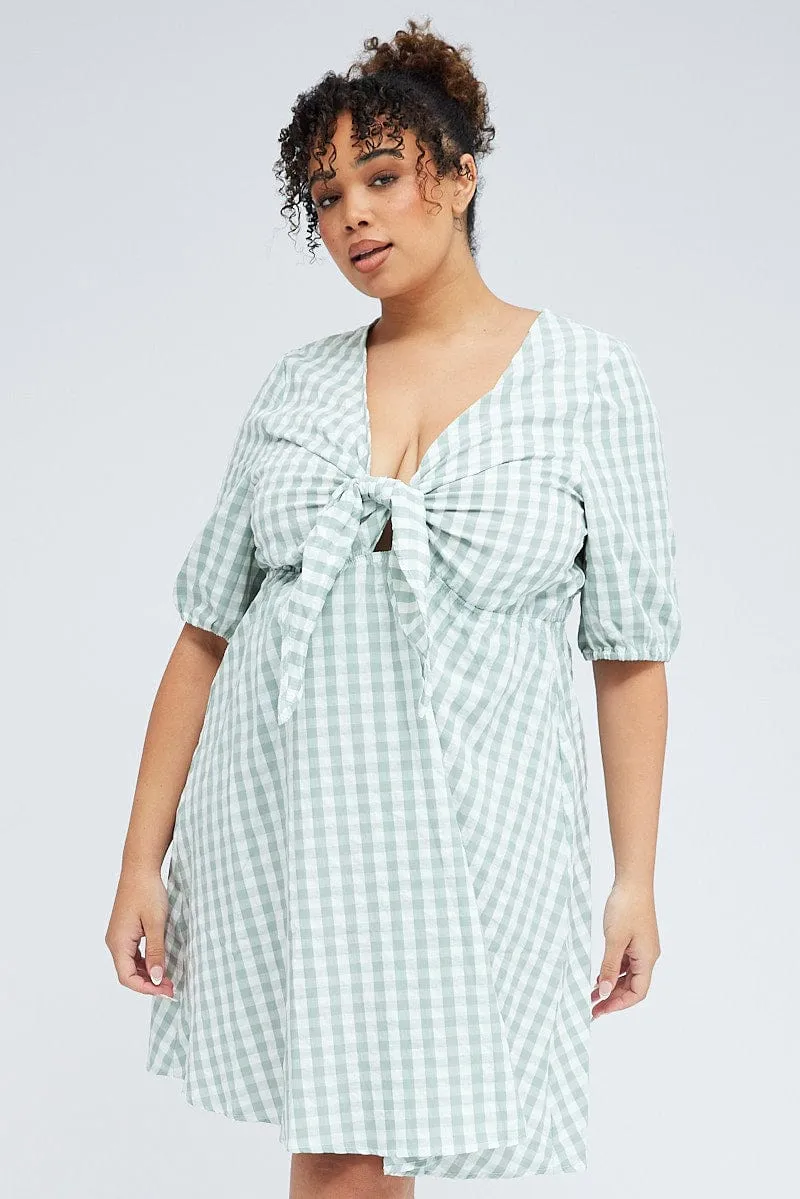 Green Check Mini Dress Tie Gingham Puff Sleeve Shine Hot Tie Back Closure System