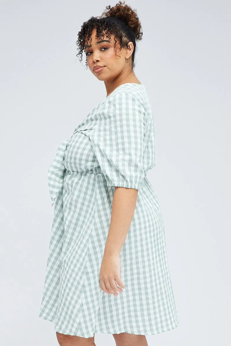 Modest Coverage Cut Green Check Mini Dress Tie Gingham Puff Sleeve