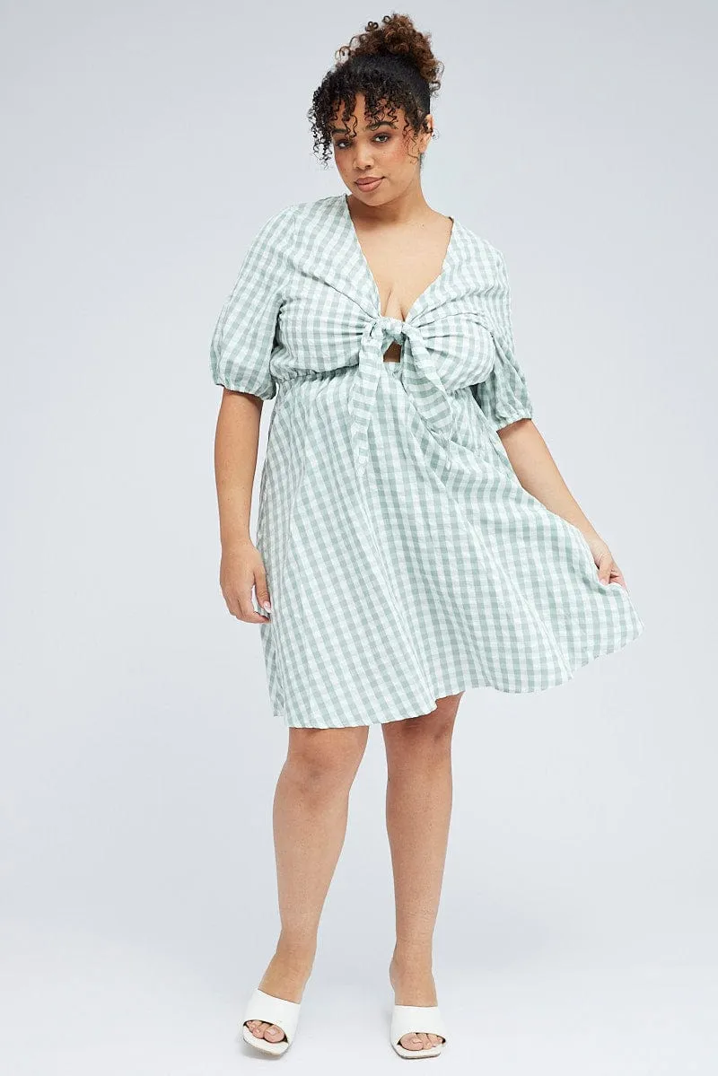 Ruched Bodice Structure Green Check Mini Dress Tie Gingham Puff Sleeve