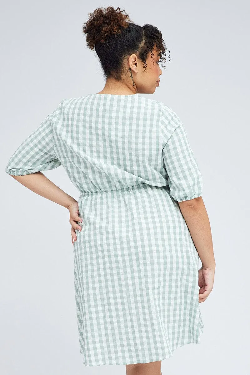 Green Check Mini Dress Tie Gingham Puff Sleeve Bohemian style Head Turn
