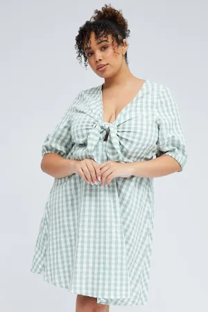 Green Check Mini Dress Tie Gingham Puff Sleeve Trend Warm Invisible Zipper Closure