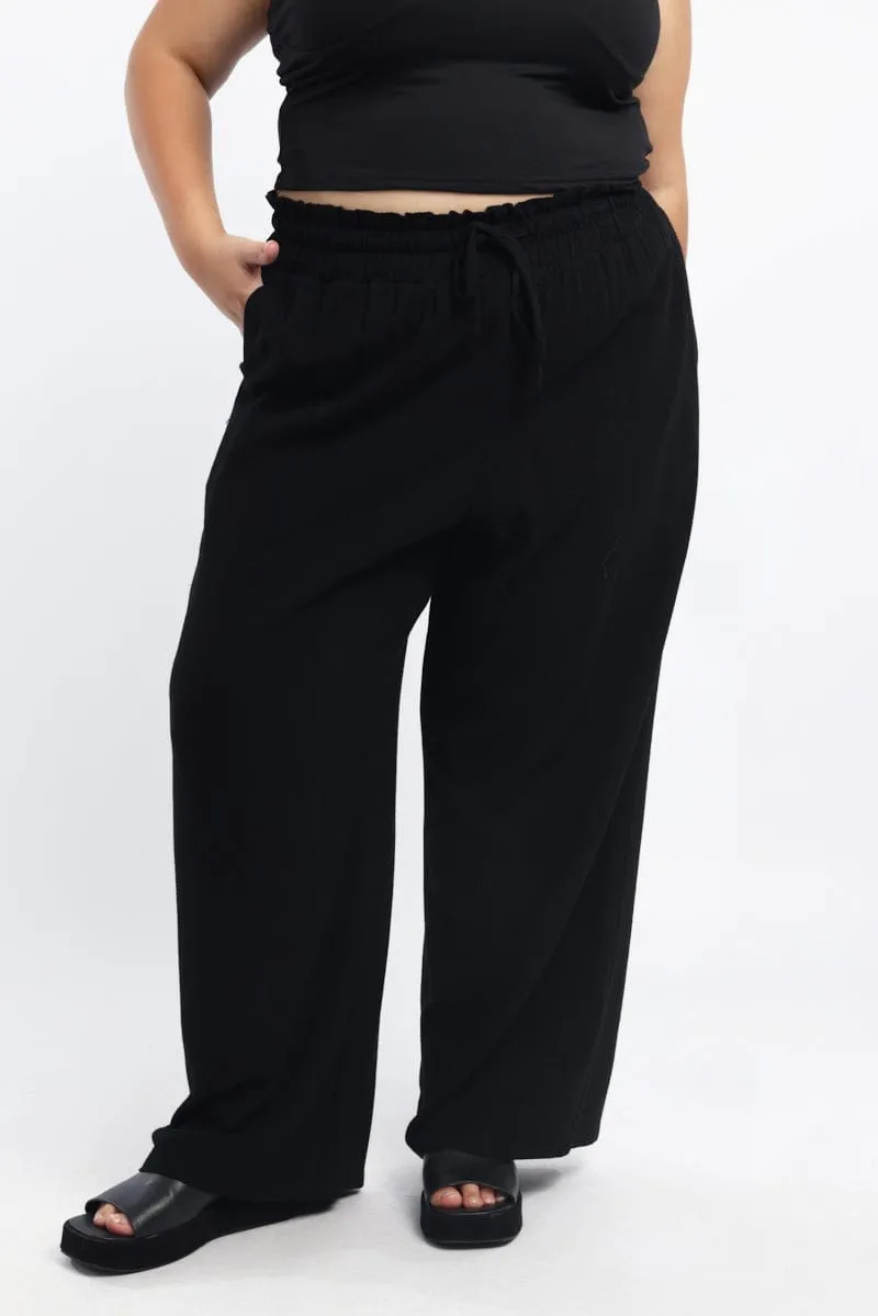 Elastic Free Cuffs Black Paperbag Elastic Waist Linen Blend Wide Leg Pants