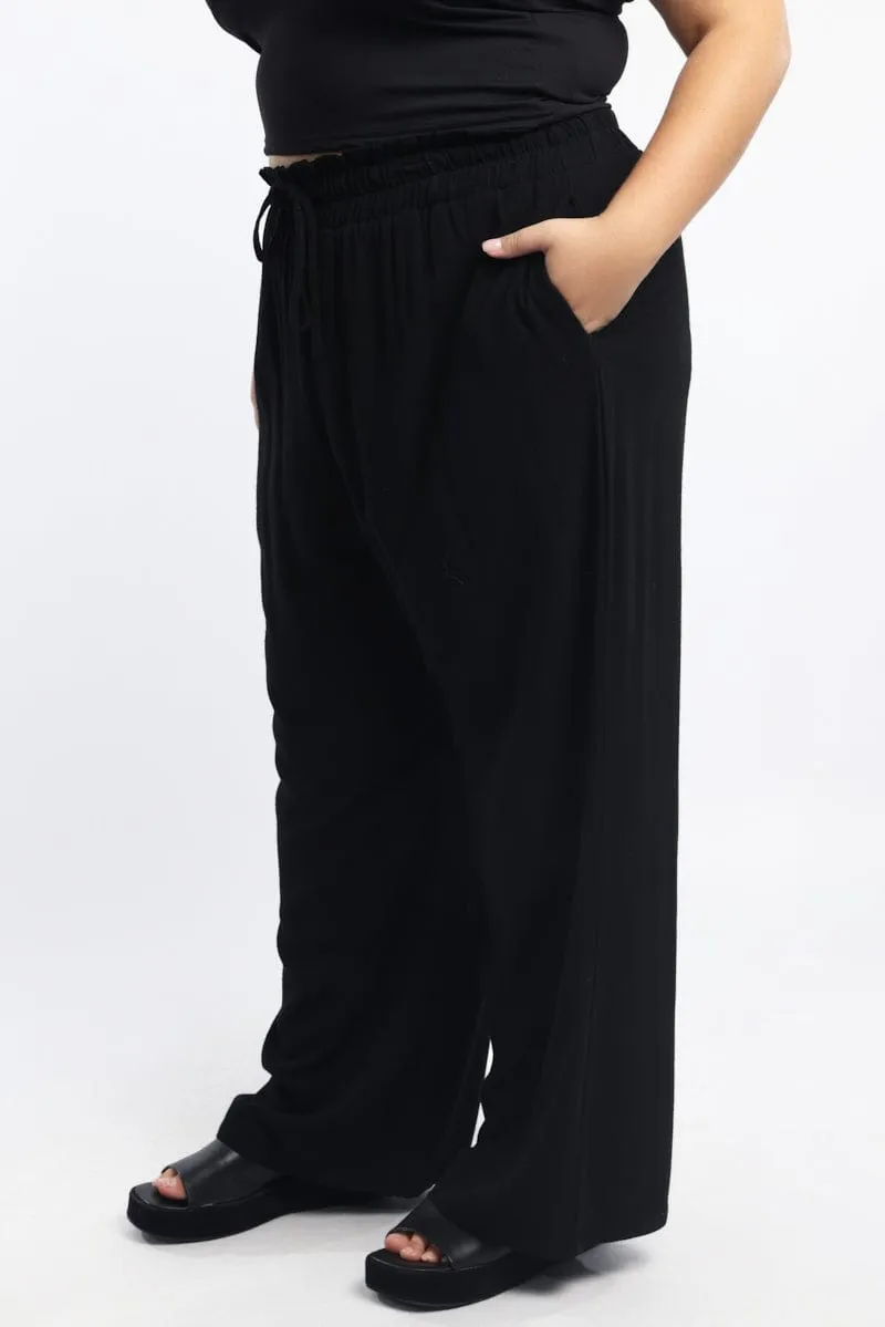 HighRiseWaistband Seasonal Basic Black Paperbag Elastic Waist Linen Blend Wide Leg Pants
