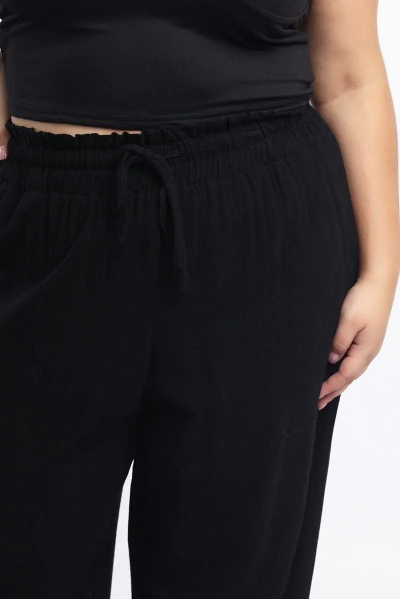 Work Friendly Black Paperbag Elastic Waist Linen Blend Wide Leg Pants