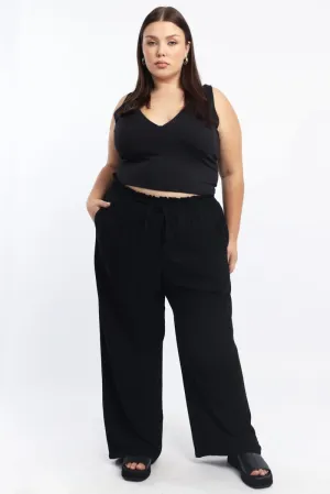Skinny Fit stain guard Black Paperbag Elastic Waist Linen Blend Wide Leg Pants