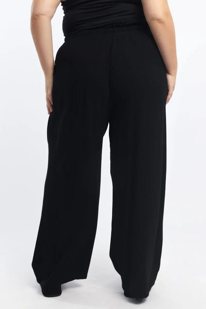 Black Paperbag Elastic Waist Linen Blend Wide Leg Pants Smooth Fabric FourWayStretch