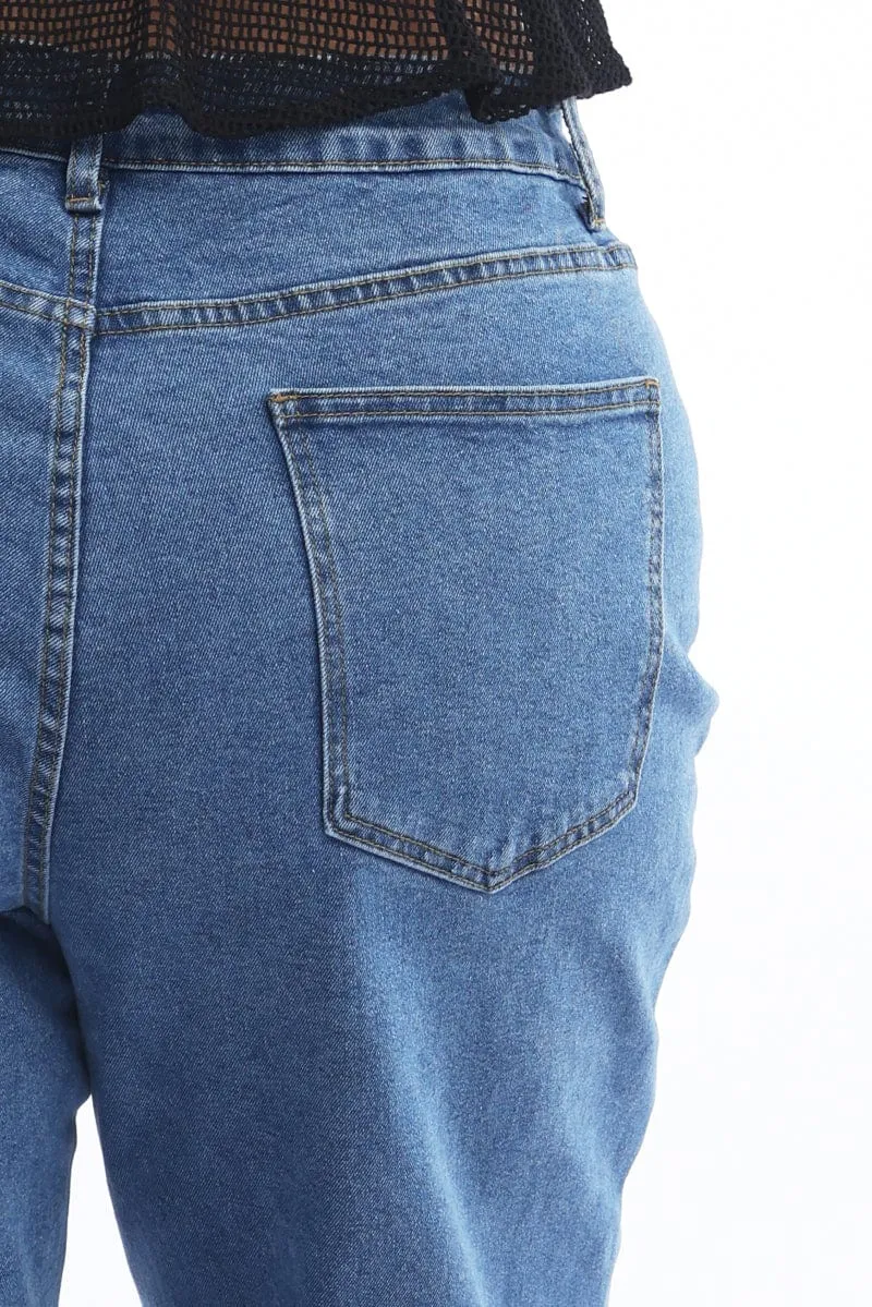 Multi Pocket Utility Fashion Focus Denim Mom Jeans High Rise