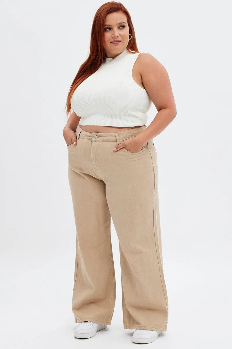 Neutral Mood Beige Wide Leg Denim Jeans High Rise