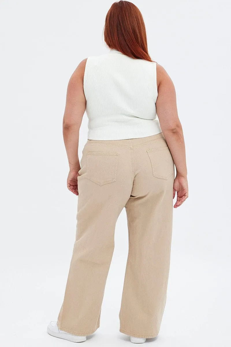 Beige Wide Leg Denim Jeans High Rise Garment Washed Softness