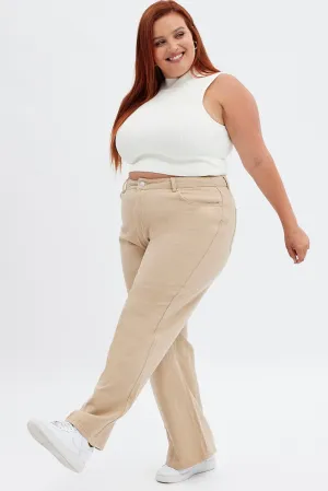 Elegant Urban Explorer Athlete Fit Beige Wide Leg Denim Jeans High Rise