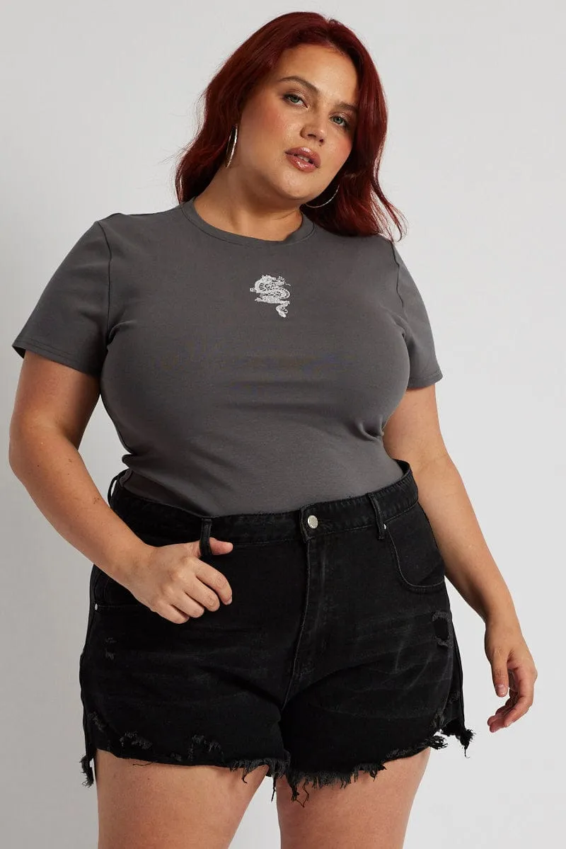 Black Relaxed Denim Shorts High Rise WrinkleFree Material Inner Glow