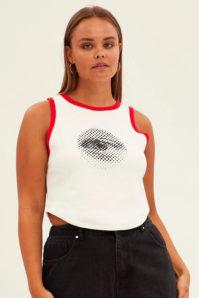 Weekend Look Teen Fresh White Rib Tank Racer Back Eye Print