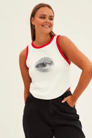Hygienic Finish Summer Ready White Rib Tank Racer Back Eye Print