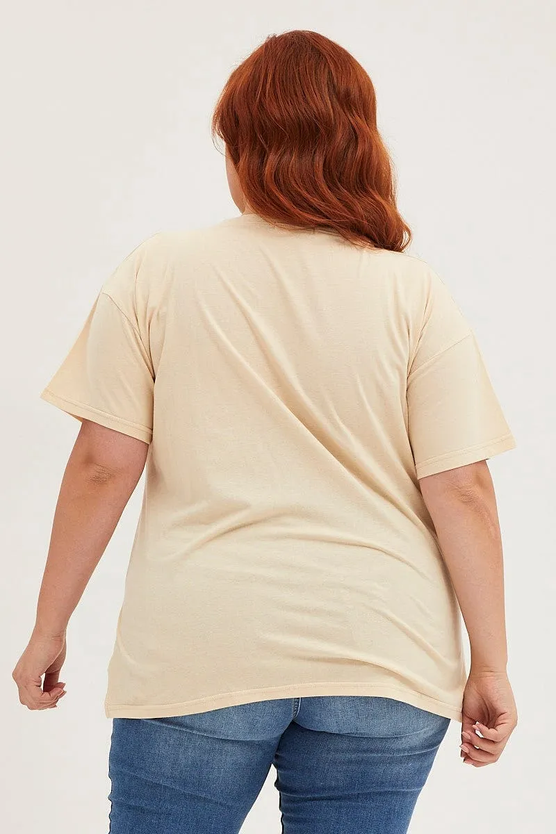 Fashion Fit Beige Graphic T-shirt Thunder Motor Short Sleeve Cotton