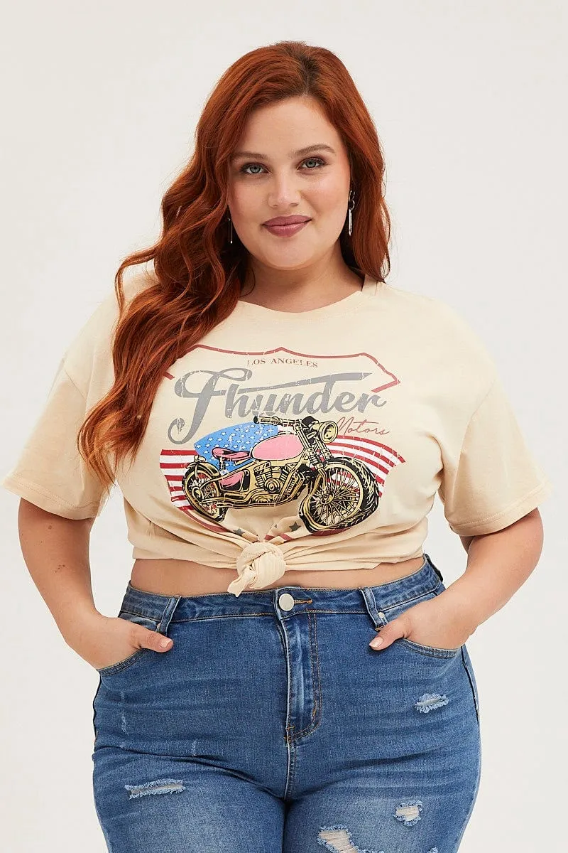 Trendy Layering Beige Graphic T-shirt Thunder Motor Short Sleeve Cotton