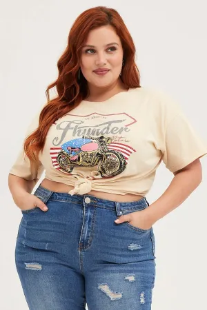 Linen blend Beige Graphic T-shirt Thunder Motor Short Sleeve Cotton