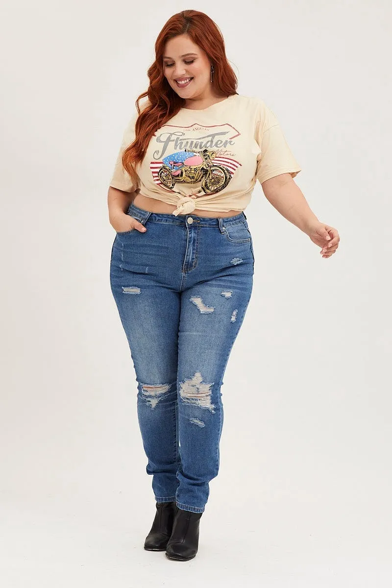 Beige Graphic T-shirt Thunder Motor Short Sleeve Cotton Leisure Wear