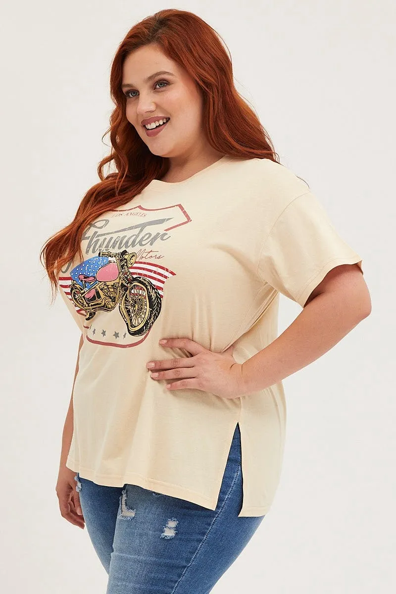 Fur combination Non Restrictive Silhouette Beige Graphic T-shirt Thunder Motor Short Sleeve Cotton