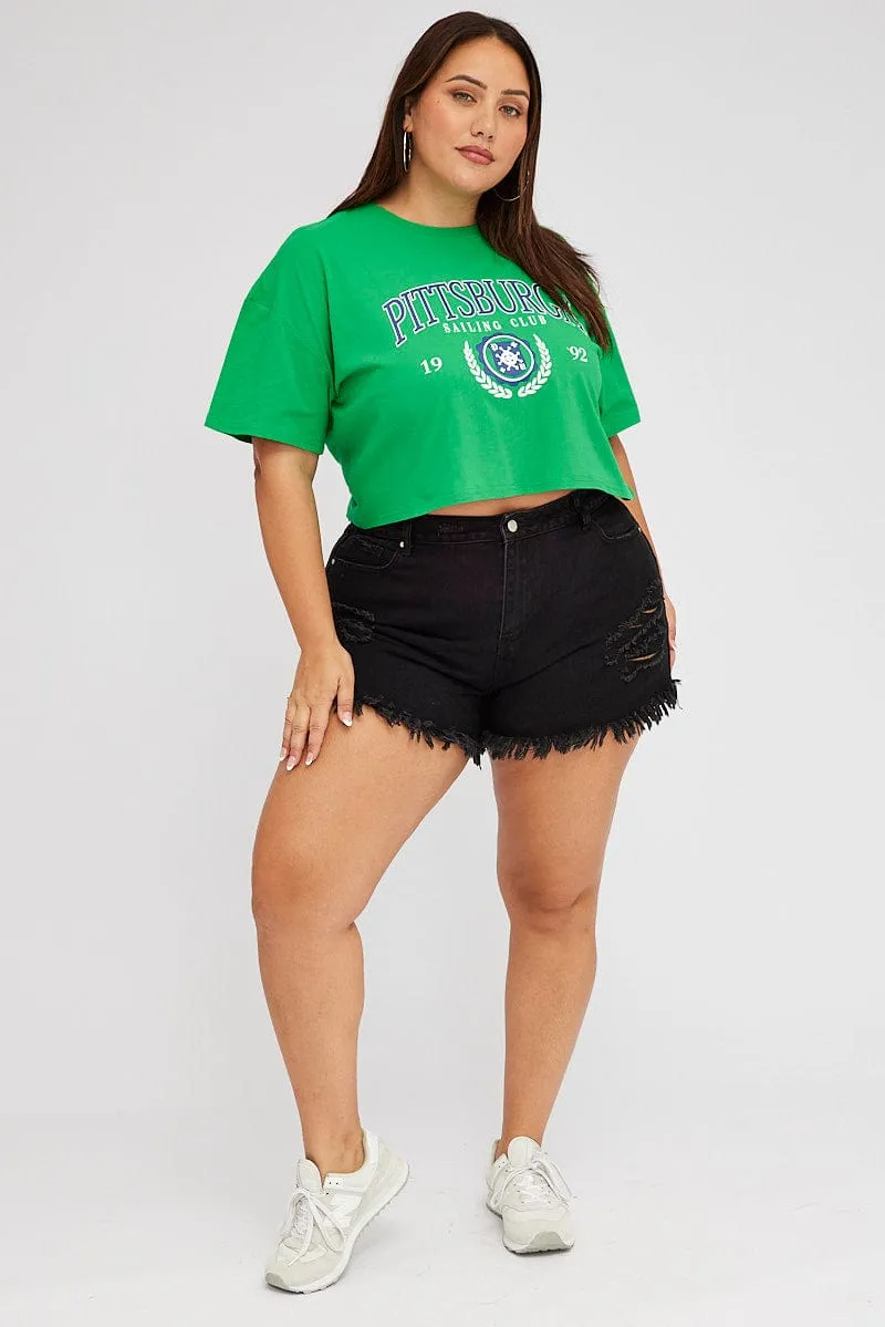 Green Graphic Crop T-shirt Short Sleeve Crew Neck Smart Design Best Seller